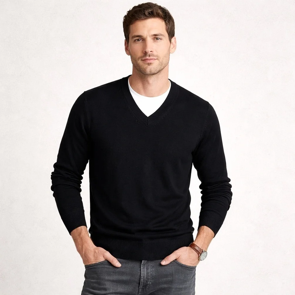 Men's J. Crew 100% Merino Wool Black V-Neck Sweater Size Medium